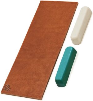 BeaverCraft Obtahovací řemen a 2 ks brusné pasty LS2P11 - Leather Strop + Two Polishing Compounds (Green / White)
