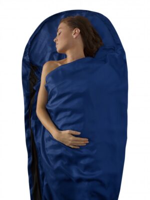 Hedvábná vložka do spacáku s kapucí Silk Stretch Liner - Mummy with Hood & Box foot Modrá