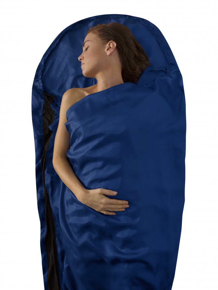 Hedvábná vložka do spacáku s kapucí Silk Stretch Liner - Mummy with Hood & Box foot Modrá