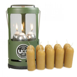 UCO Gear Sada lucerny na svíčky UCO CANDLELIER Candle Lantern - GREEN Painted + 10 svíček z včelího vosku UCO 12-Hour BeesWax Candles
