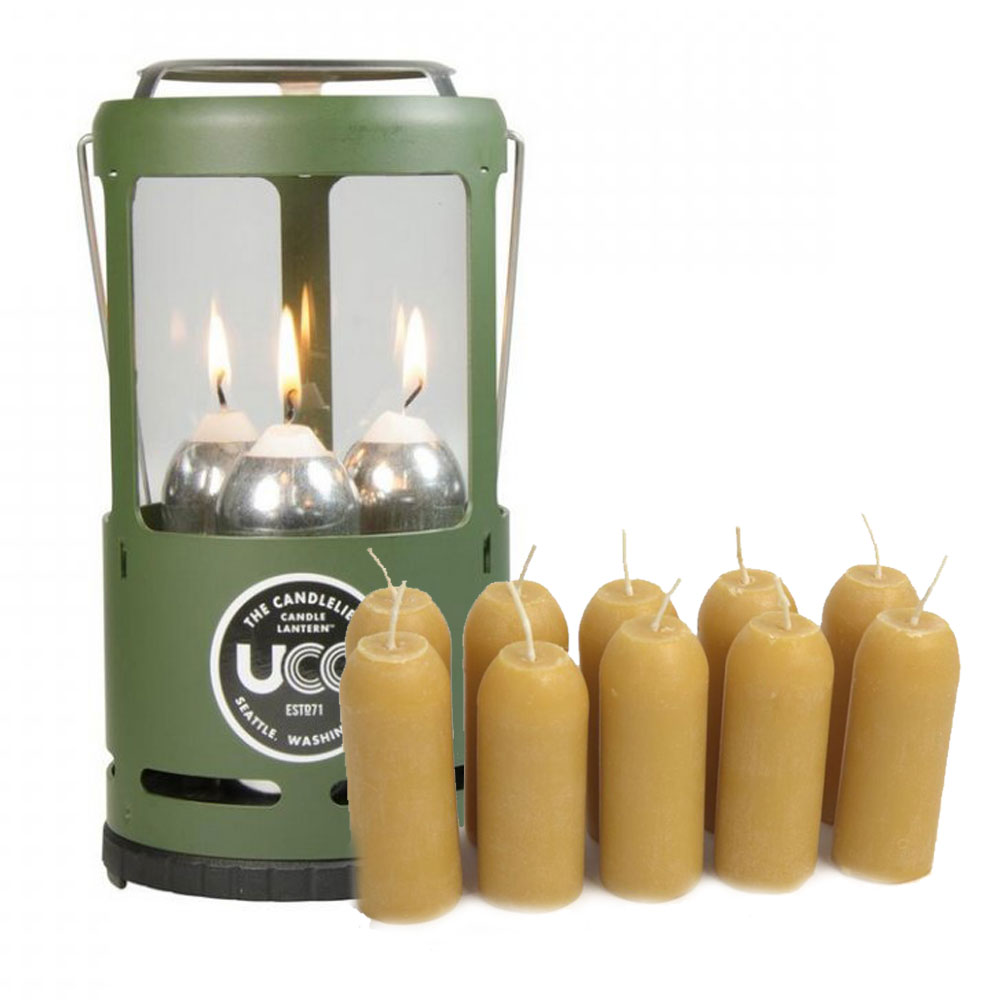 UCO Gear Sada lucerny na svíčky UCO CANDLELIER Candle Lantern - GREEN Painted + 10 svíček z včelího vosku UCO 12-Hour BeesWax Candles